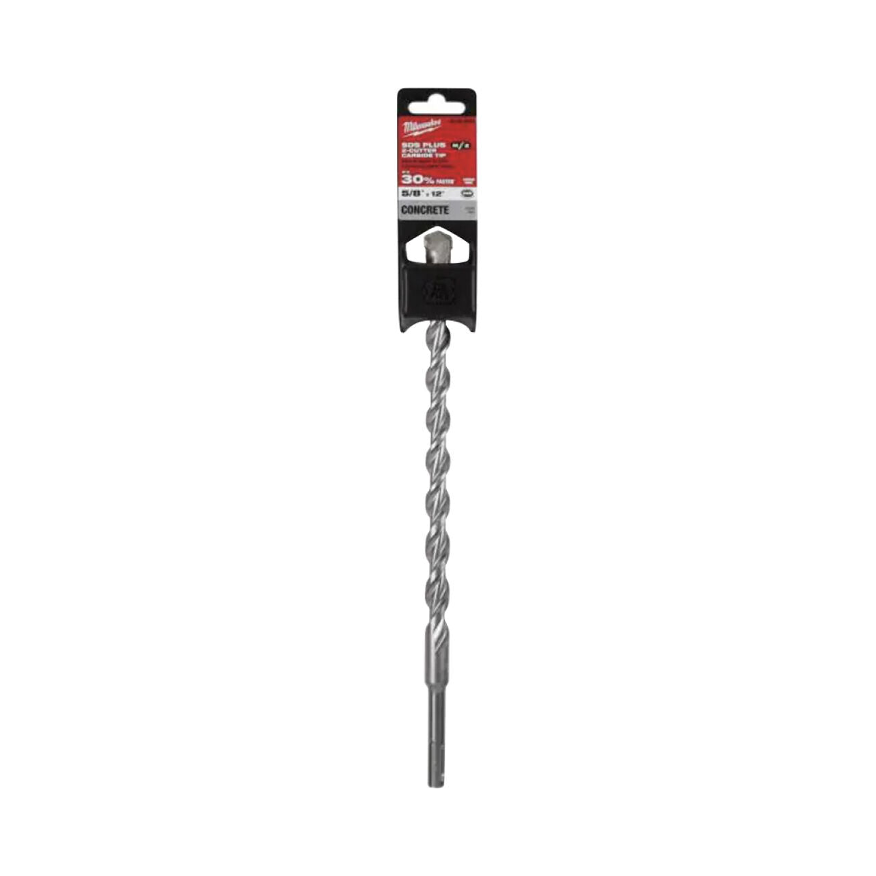 The Go Build 5/8 in. x 12 in. 2-Cutter SDS Plus Carbide Bit, featuring a spiral design and silver finish, comes in black and red concrete-use packaging—ideal for rotary hammer drills—shown on a white background.